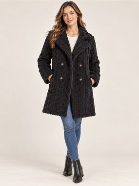 Source Unknown Black Plush Double-Breasted Puffer Coat NWOT